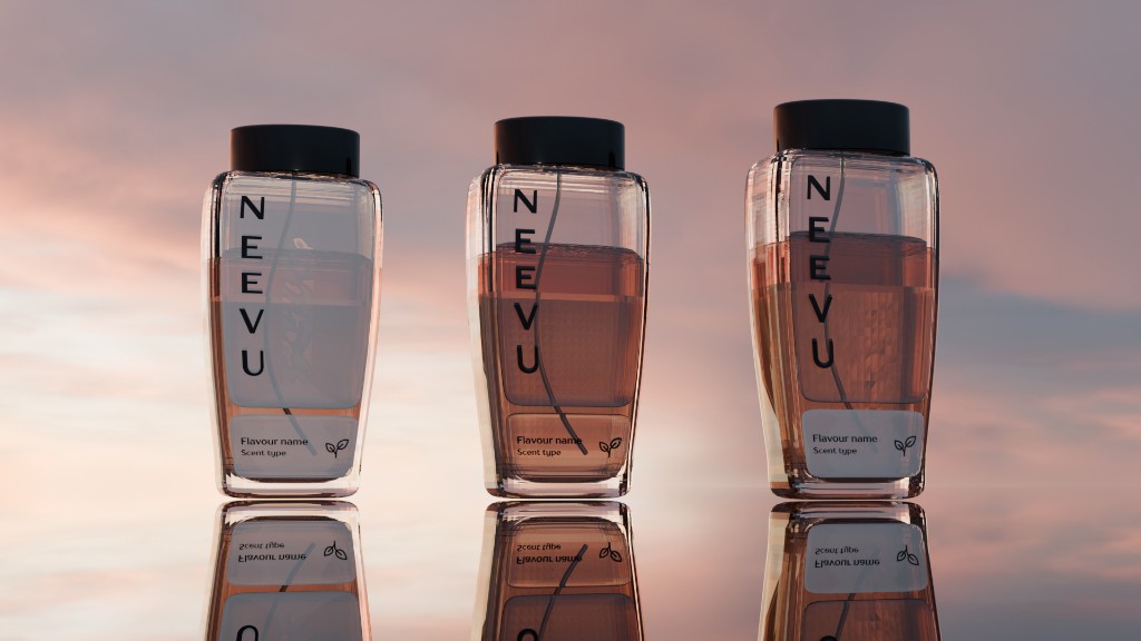 Three NEEVU perfume bottles of different heights on a reflective surface