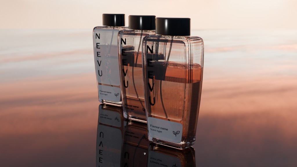Three NEEVU perfume bottles in a diagonal lineup at sunset