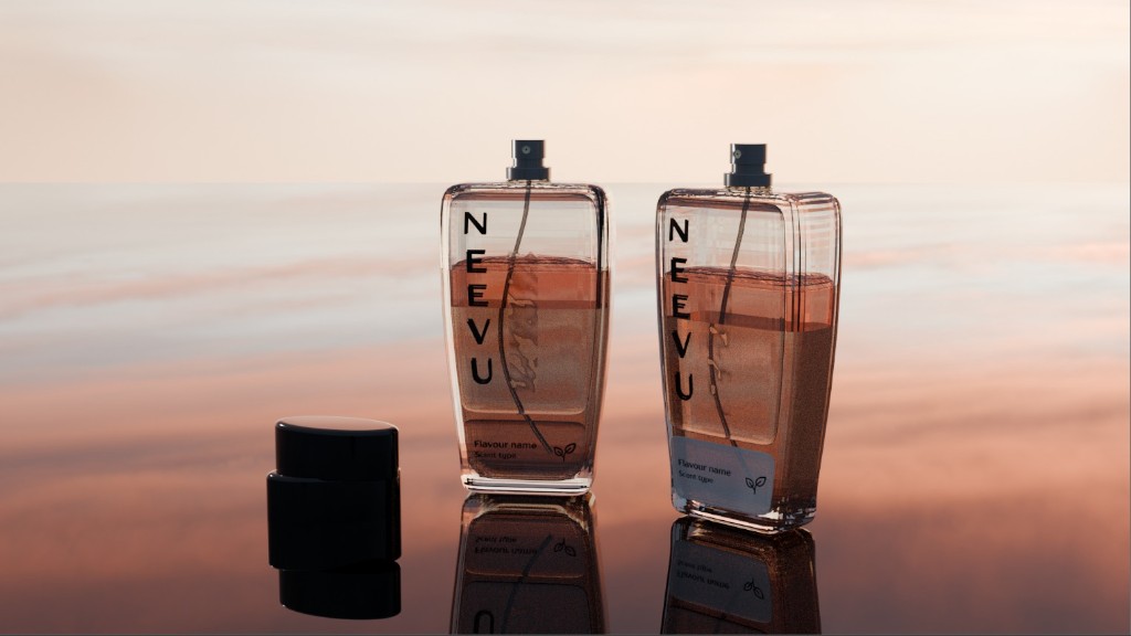 Two NEEVU perfume bottles with a black cap on a reflective surface