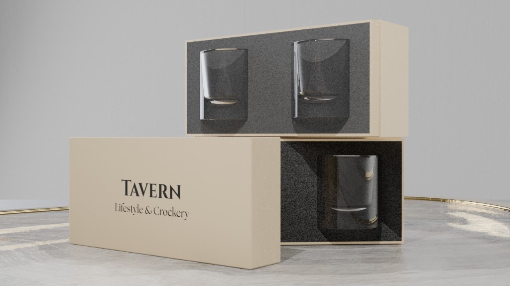 Tavern whisky tumbler packaging with foam insert and cream boxes