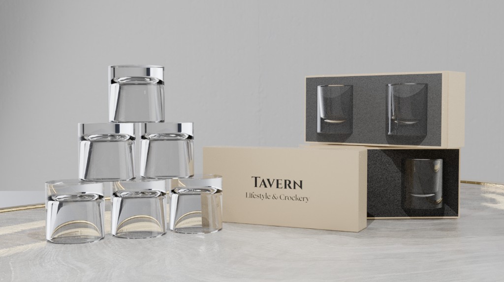 Stacked Tavern whisky tumblers beside branded cream boxes