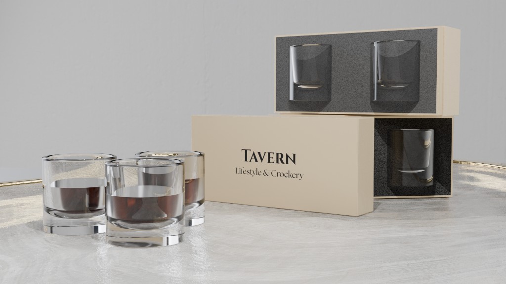 Tavern whisky tumblers with cream packaging and poured whisky