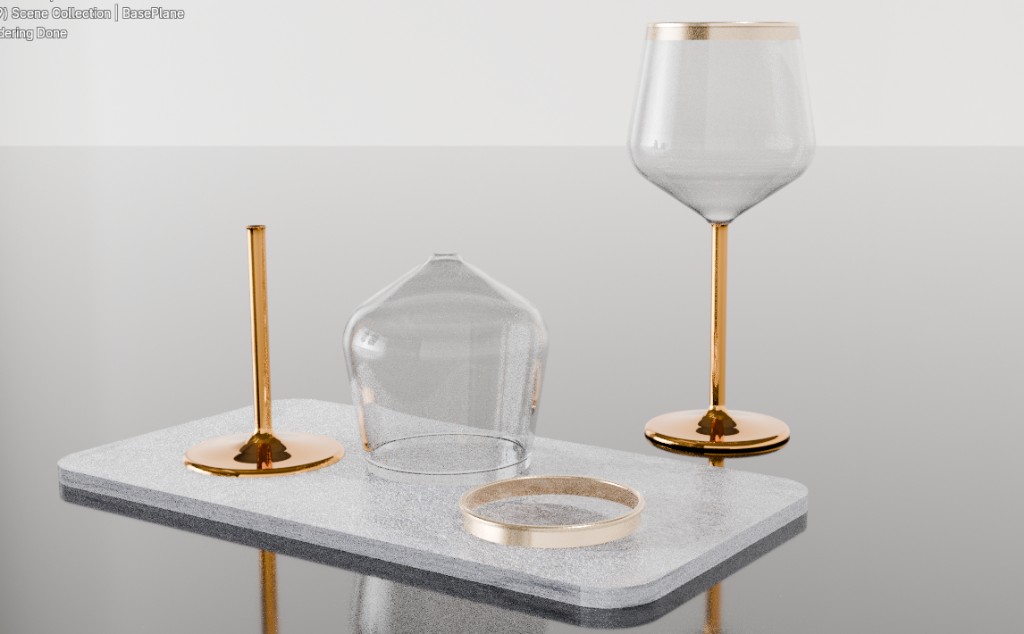 Exploded assembly of a Tavern wine glass showing glass bowl, gold stem, and stone base