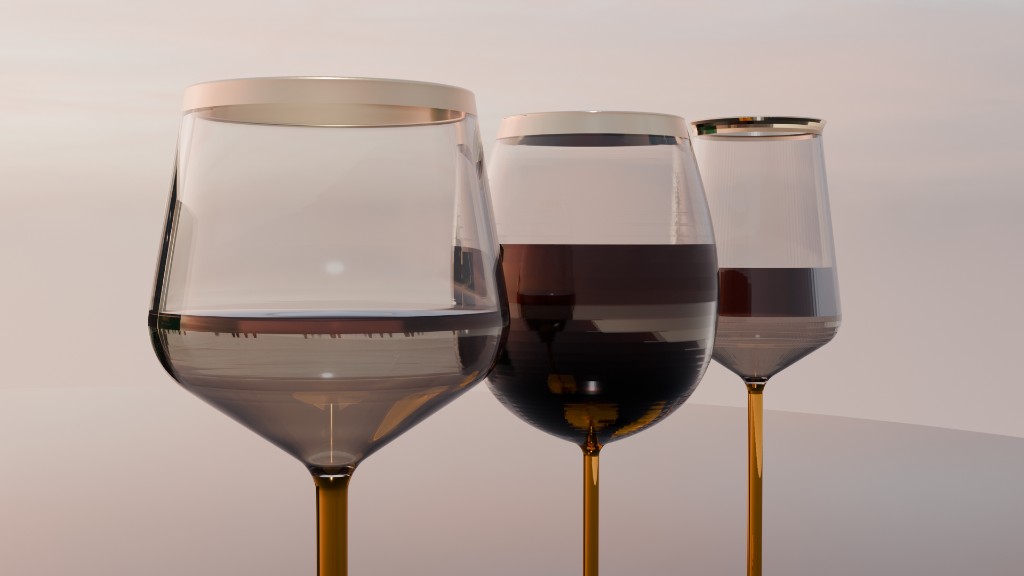 Three Tavern wine glasses with amber stems and gold rims