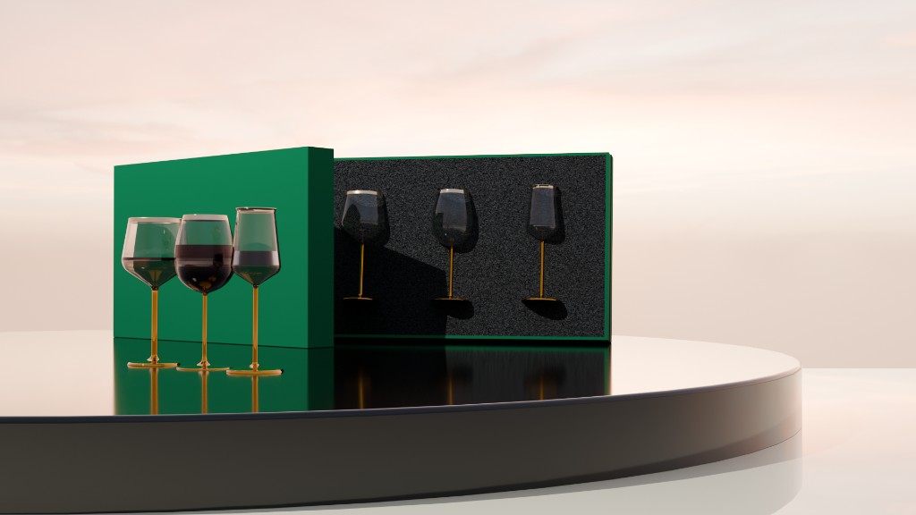 Tavern wine glasses with green-tinted bowls, gold stems, and presentation boxes