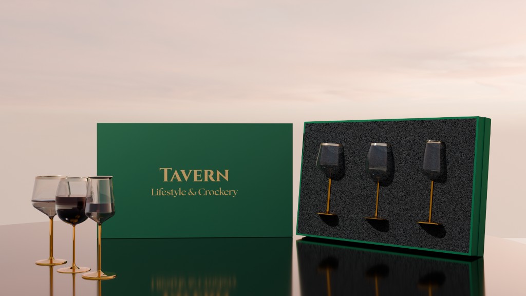 Tavern wine glasses with branded forest-green packaging