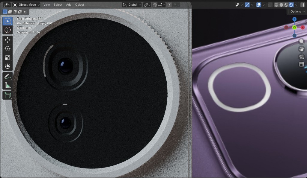 Side-by-side of the industrial camera module and the purple original